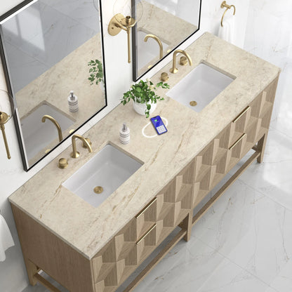 Emmeline 72" Double Vanity, Pebble Oak, w/ 3 CM Tajnar Eclos Top w/FreePower Wireless Charger