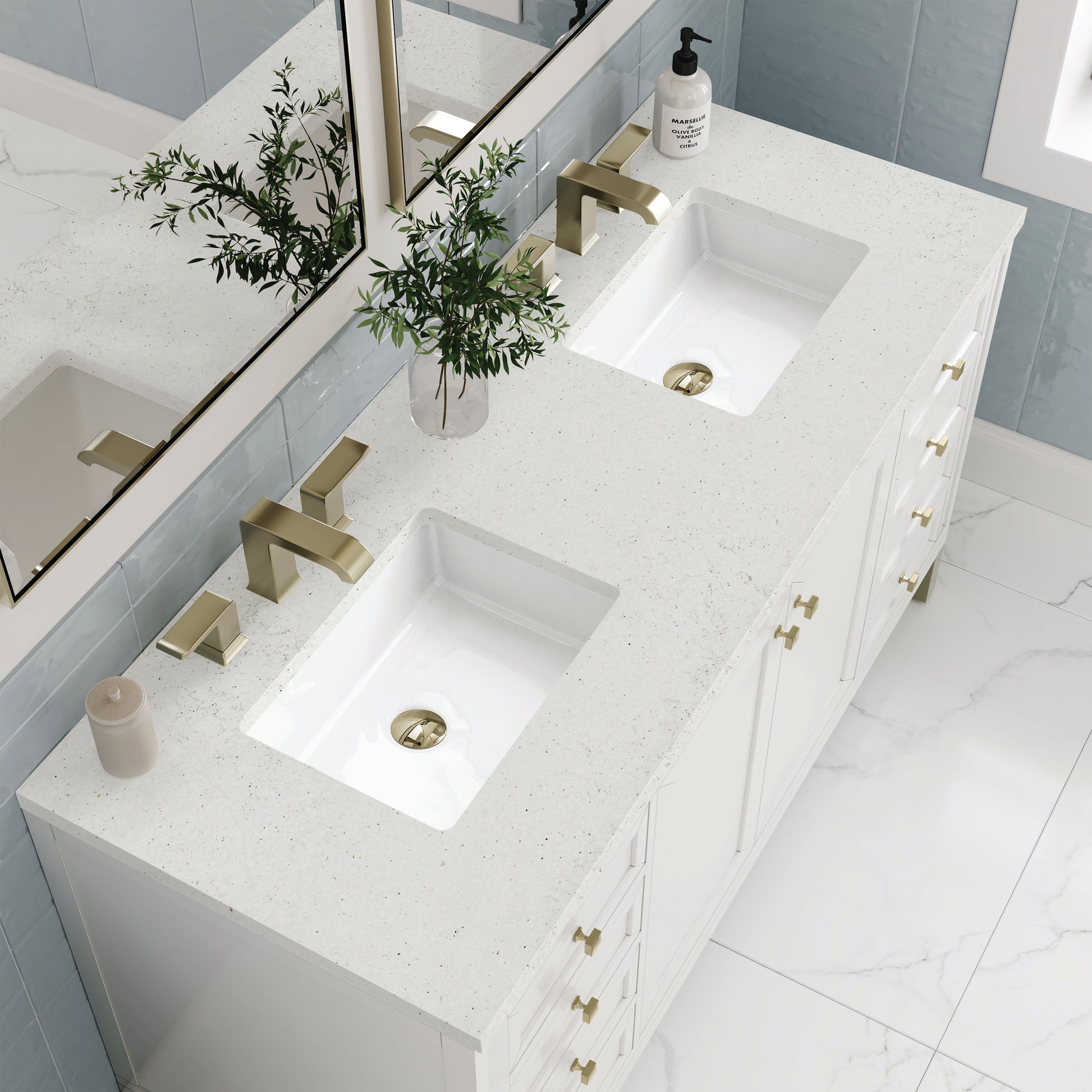 Renovate for Less Atlanta Chicago 60" Double Vanity, Glossy White, w/ 3 CM Lime Delight Silestone® Top