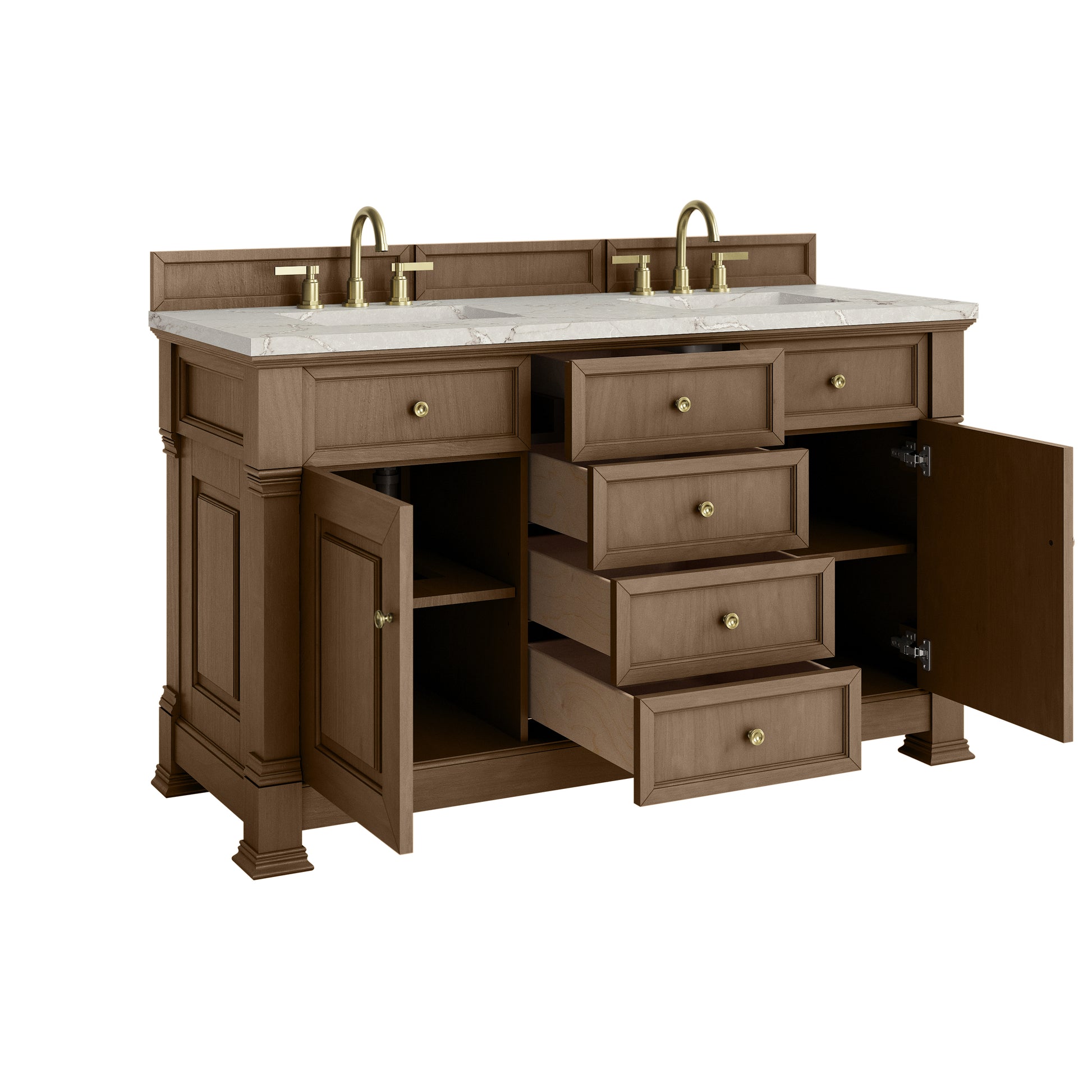Renovate for Less Atlanta Brookfield 60" Double Vanity, Pecan w/ 3 CM Victorian Silver Silestone Top w/FreePower Wireless Charger