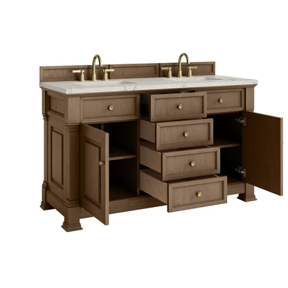 Renovate for Less Atlanta Brookfield 60" Double Vanity, Pecan w/ 3 CM Victorian Silver Silestone Top w/FreePower Wireless Charger