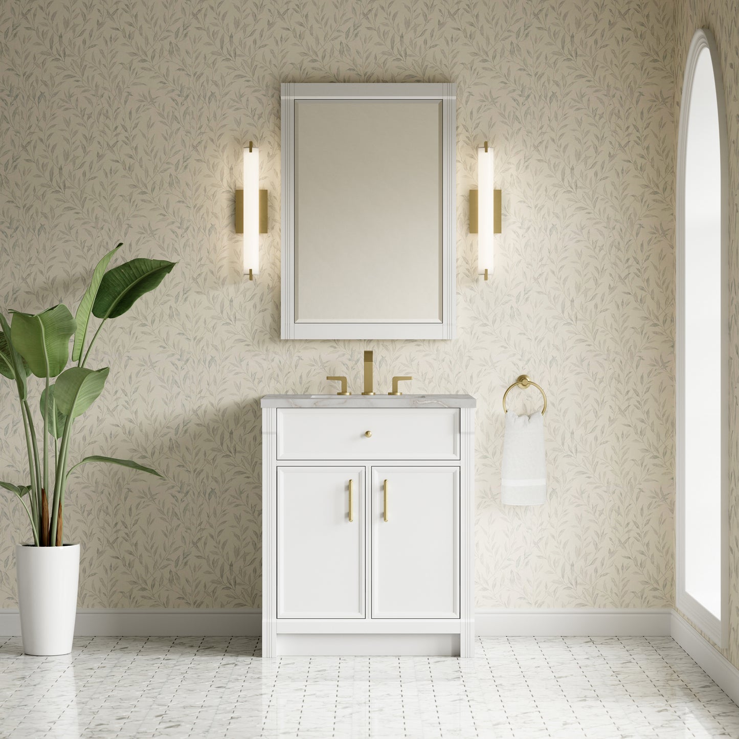 Renovate for Less Atlanta Bellshire 30" Single Vanity, Bright White w/ 3 CM Victorian Silver Silestone Top