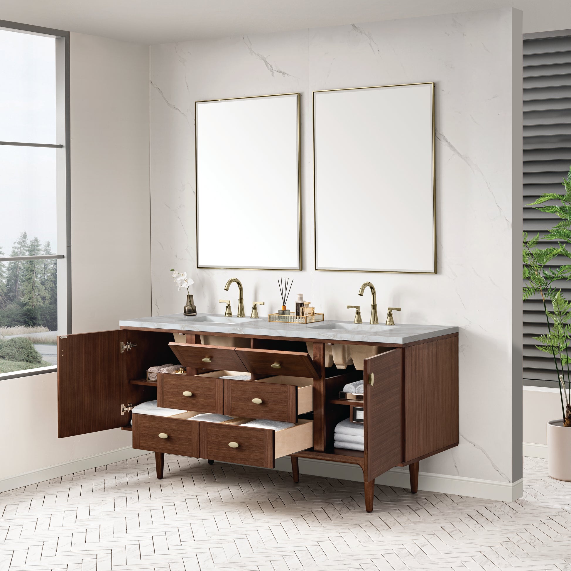 Renovate for Less Atlanta Amberly 72" Double Vanity, Mid-Century Walnut w/ 3 CM Victorian Silver Top w/FreePower Wireless Charger