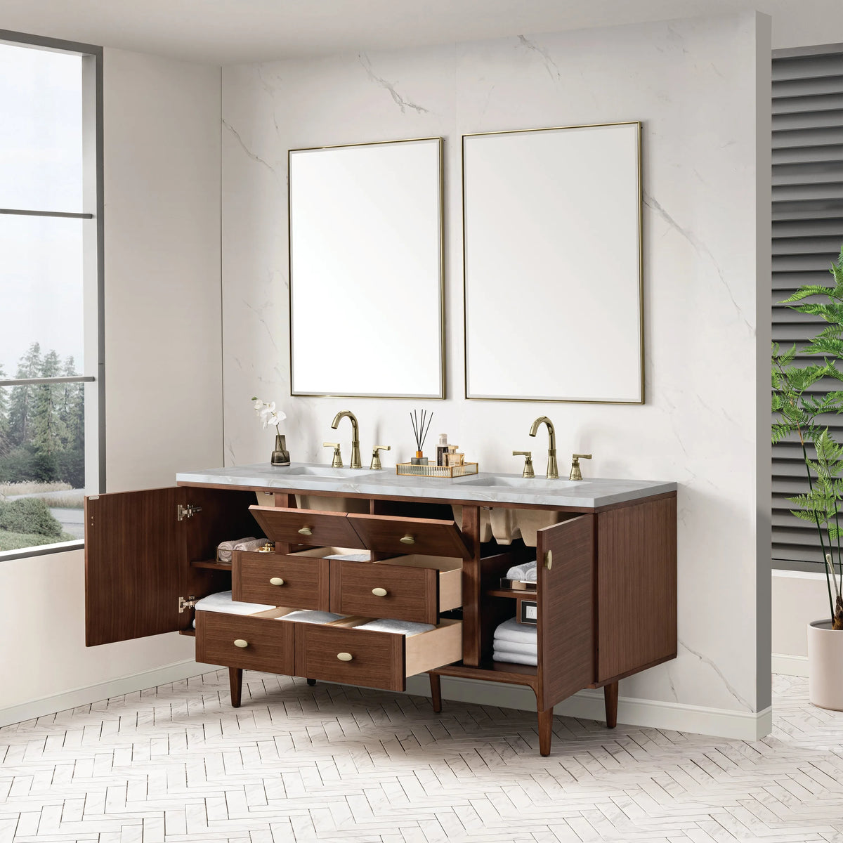 Amberly 72" Double Vanity, Mid-Century Walnut w/ 3 CM Victorian Silver Top w/FreePower Wireless Charger