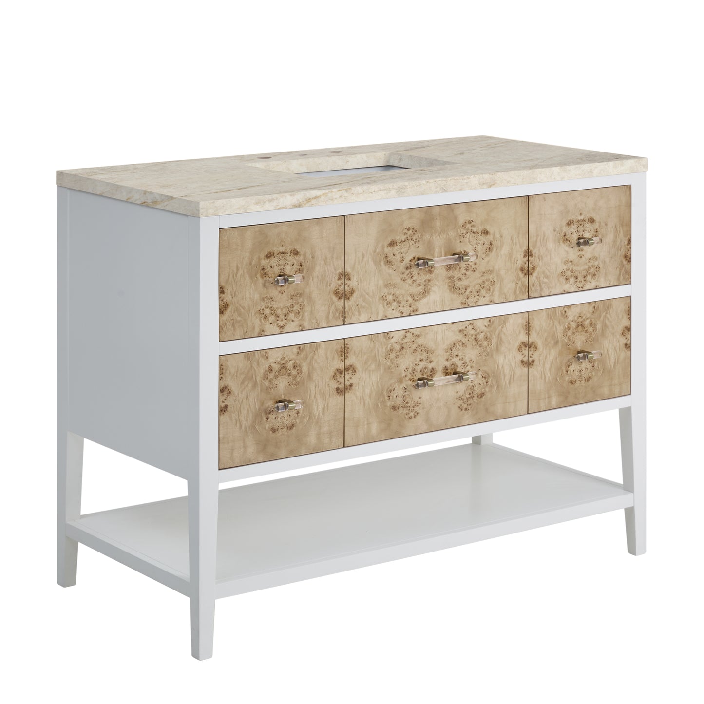 Renovate for Less Atlanta Olena 48" Single Vanity, Light Mappa Burl and Polished White, w/ 3 CM Tajnar Eclos Top w/FreePower Wireless Charger