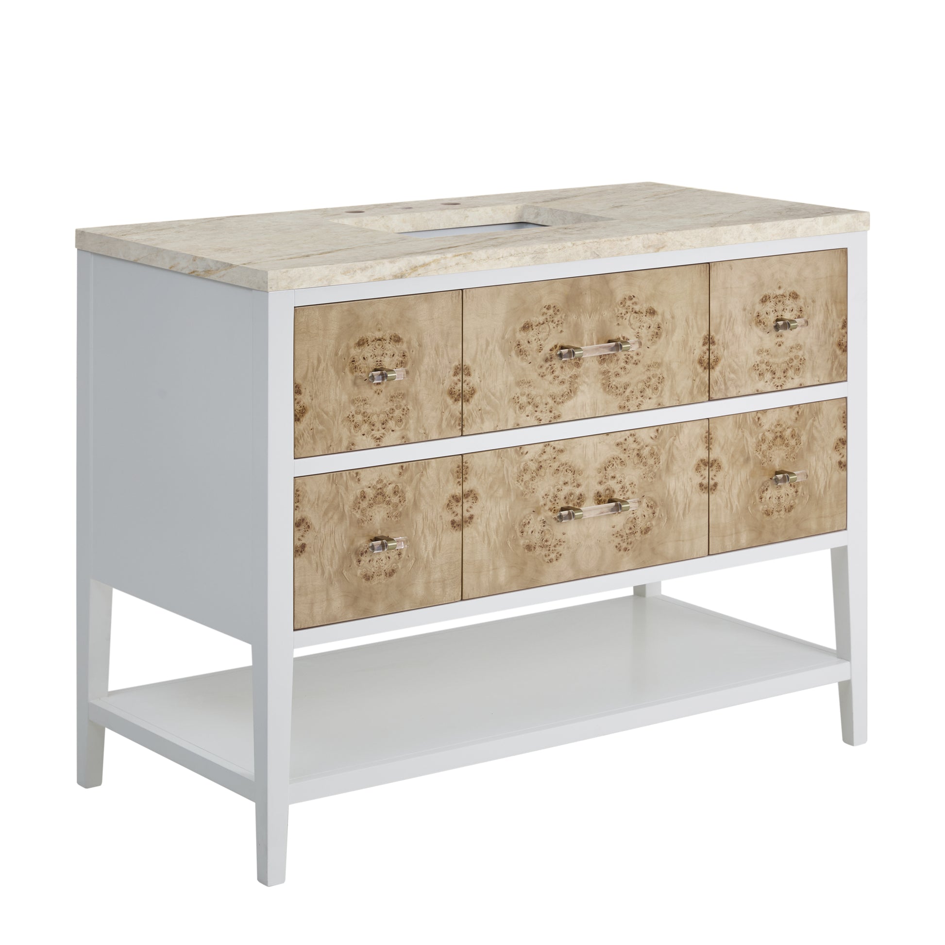 Renovate for Less Atlanta Olena 48" Single Vanity, Light Mappa Burl and Polished White, w/ 3 CM Tajnar Eclos Top w/FreePower Wireless Charger