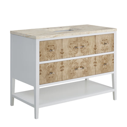 Renovate for Less Atlanta Olena 48" Single Vanity, Light Mappa Burl and Polished White, w/ 3 CM Tajnar Eclos Top w/FreePower Wireless Charger