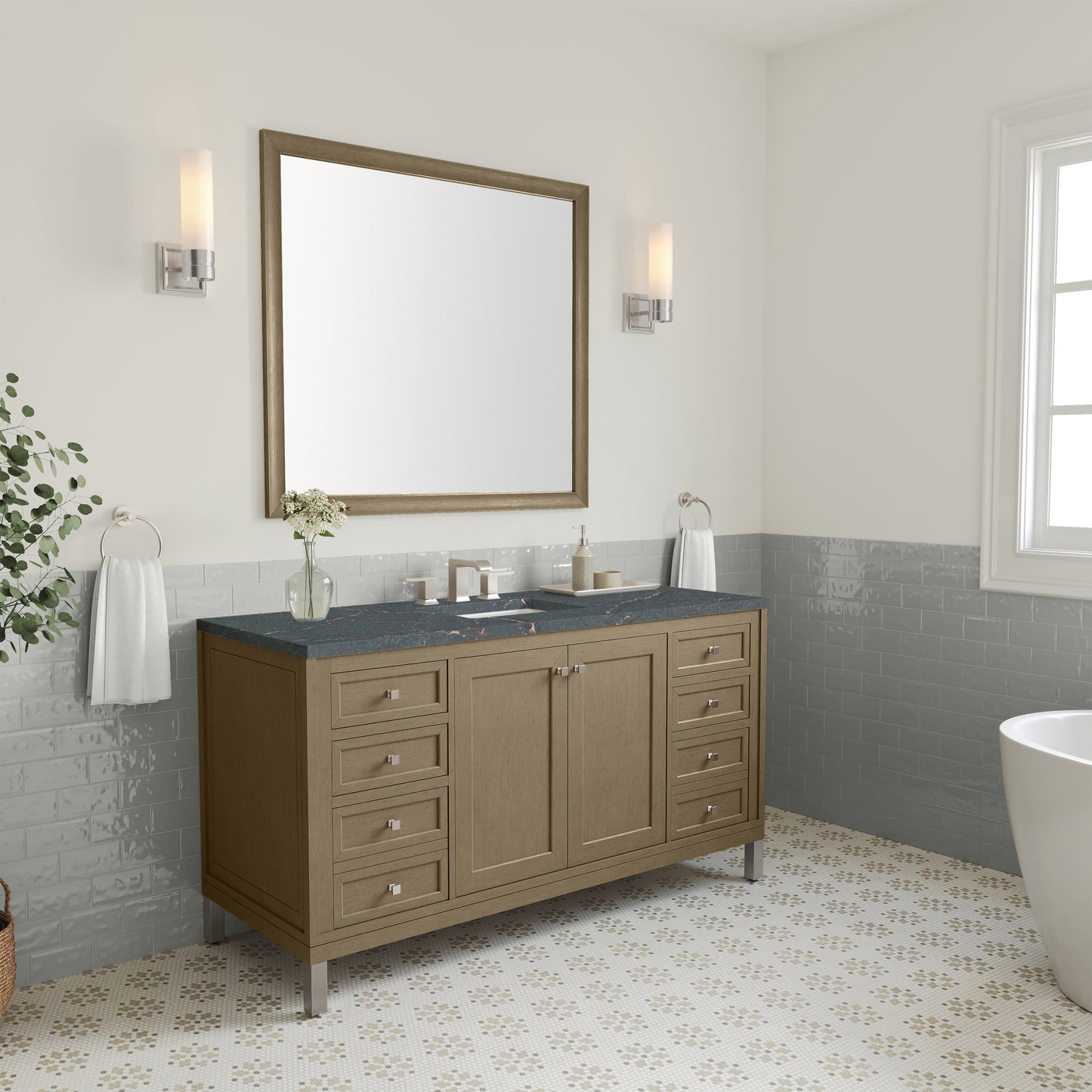 Renovate for Less Atlanta Chicago 60" Single Vanity, Walnut Whisper, w/ 3 CM Parisien Bleu Silestone® Top