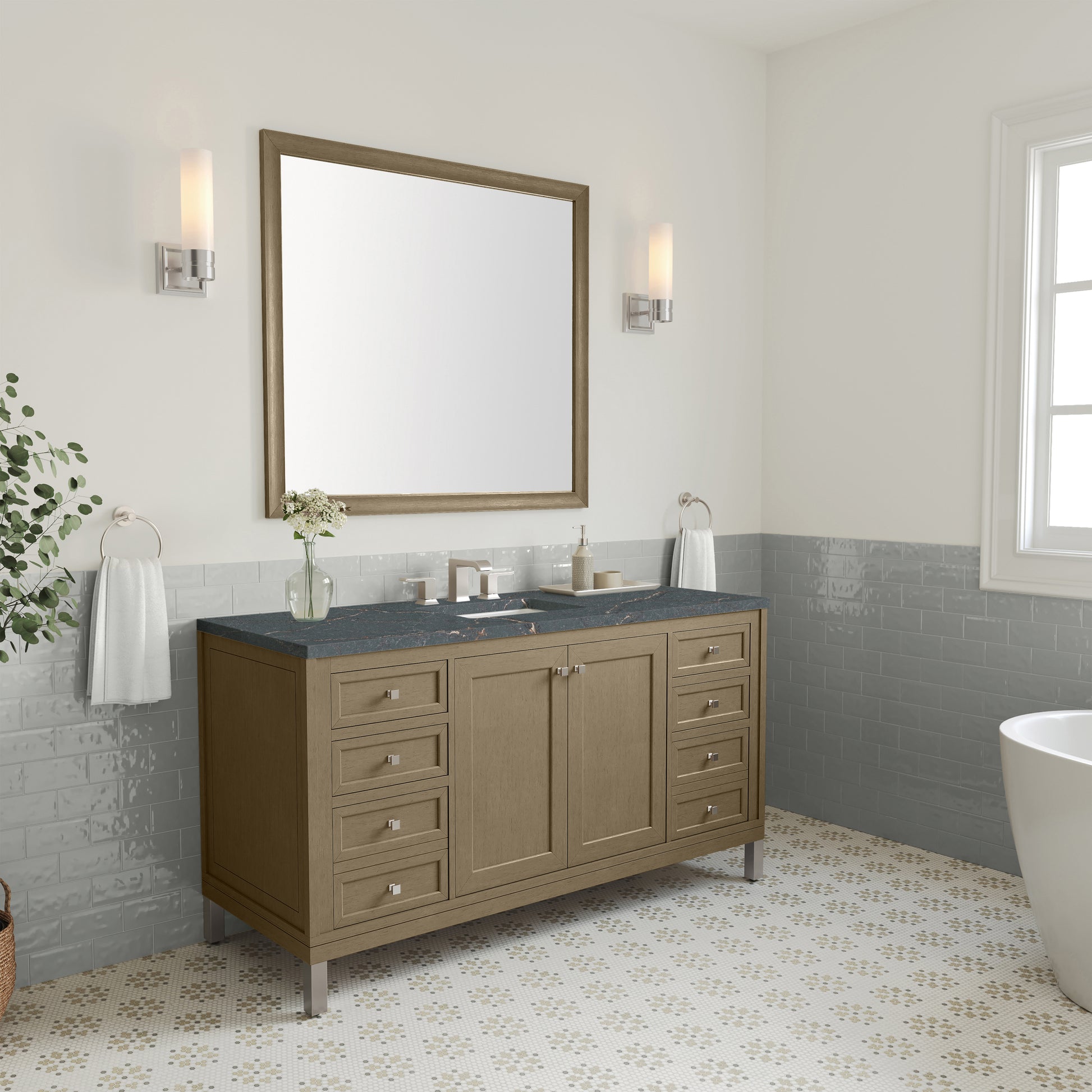 Renovate for Less Atlanta Chicago 60" Single Vanity, Walnut Whisper, w/ 3 CM Parisien Bleu Silestone® Top