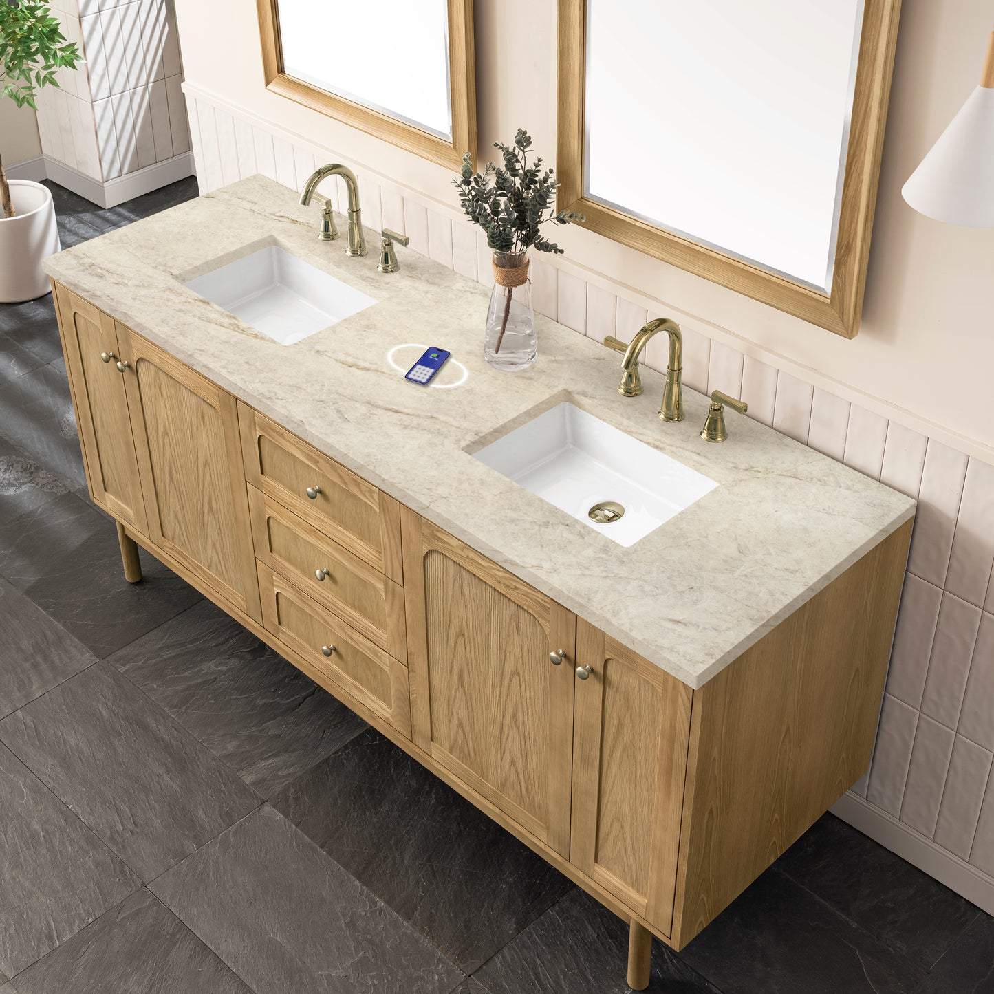 Renovate for Less Atlanta Laurent 72" Double Vanity, Light Natural Oak, w/ 3 CM Tajnar Eclos Top w/FreePower Wireless Charger
