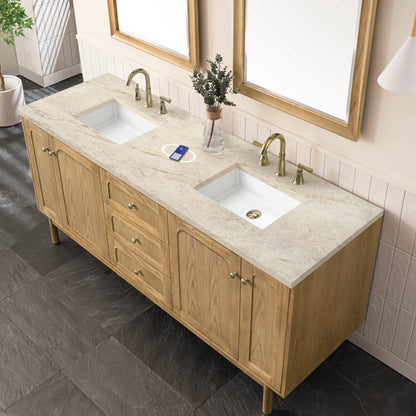 Renovate for Less Atlanta Laurent 72" Double Vanity, Light Natural Oak, w/ 3 CM Tajnar Eclos Top w/FreePower Wireless Charger