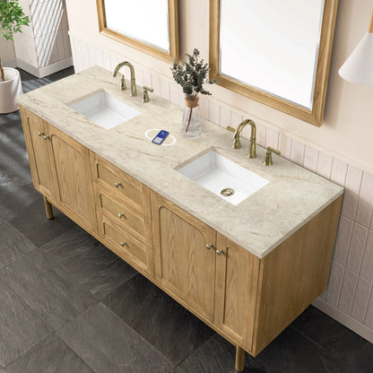 Laurent 72" Double Vanity, Light Natural Oak, w/ 3 CM Tajnar Eclos Top w/FreePower Wireless Charger