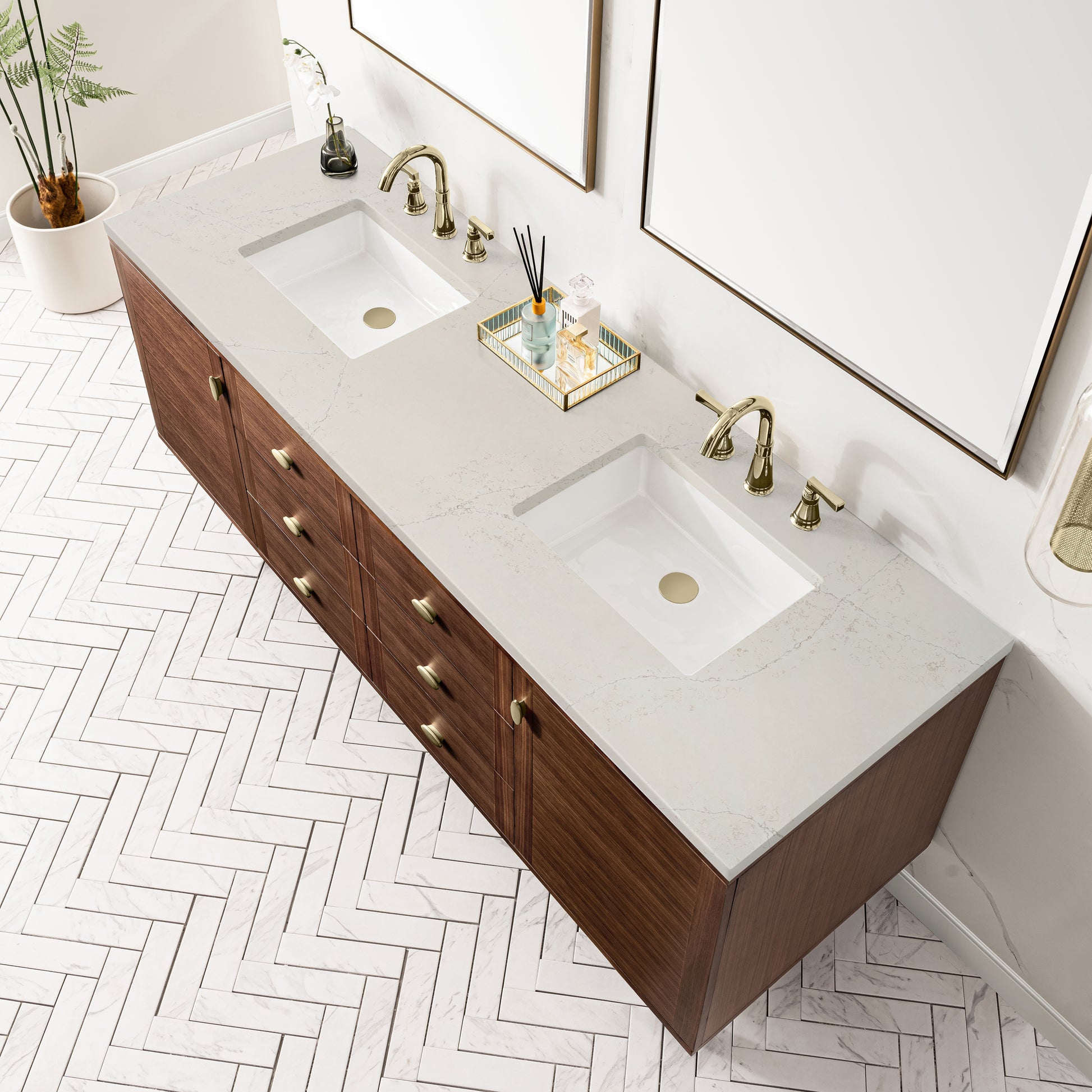 Renovate for Less Atlanta Amberly 72" Double Vanity, Mid-Century Walnut, w/ 3 CM Siberian Silestone Top