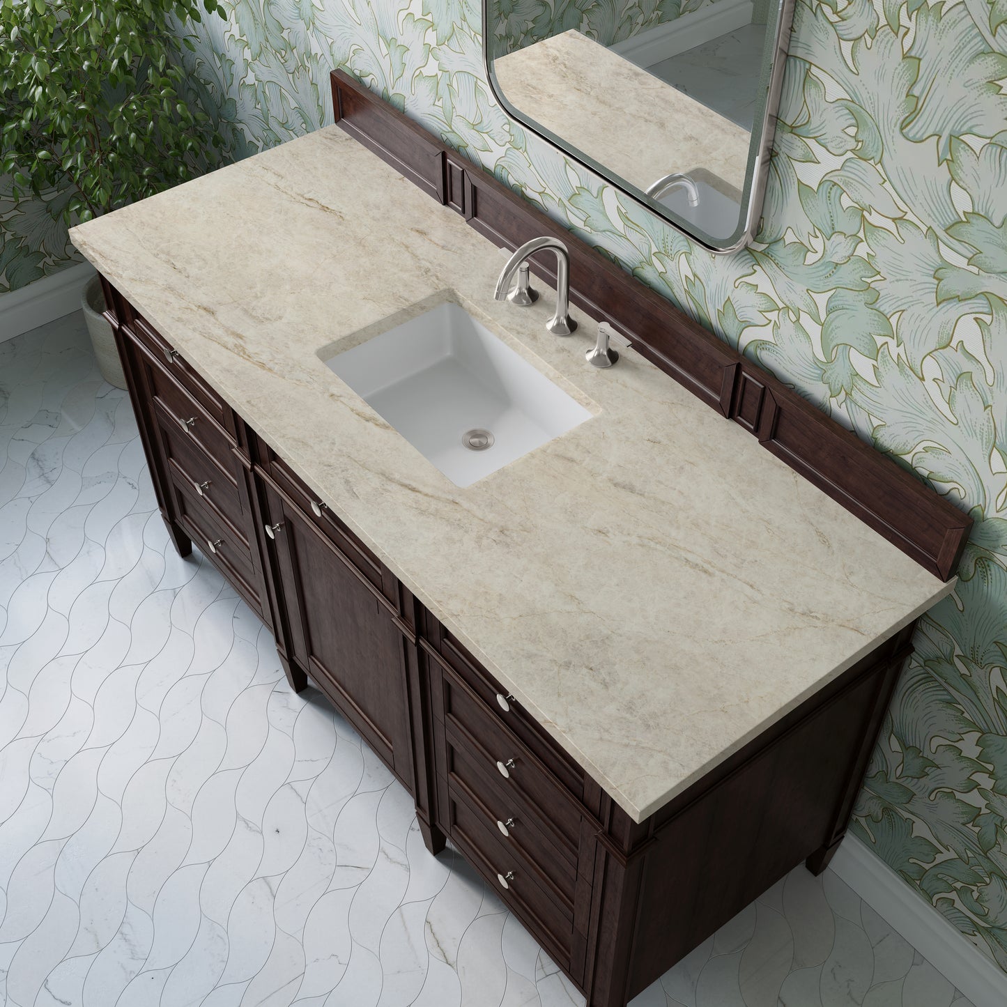 Renovate for Less Atlanta Brittany 60" Single Vanity, Burnished Mahogany, w/ 3 CM Tajnar Eclos Top