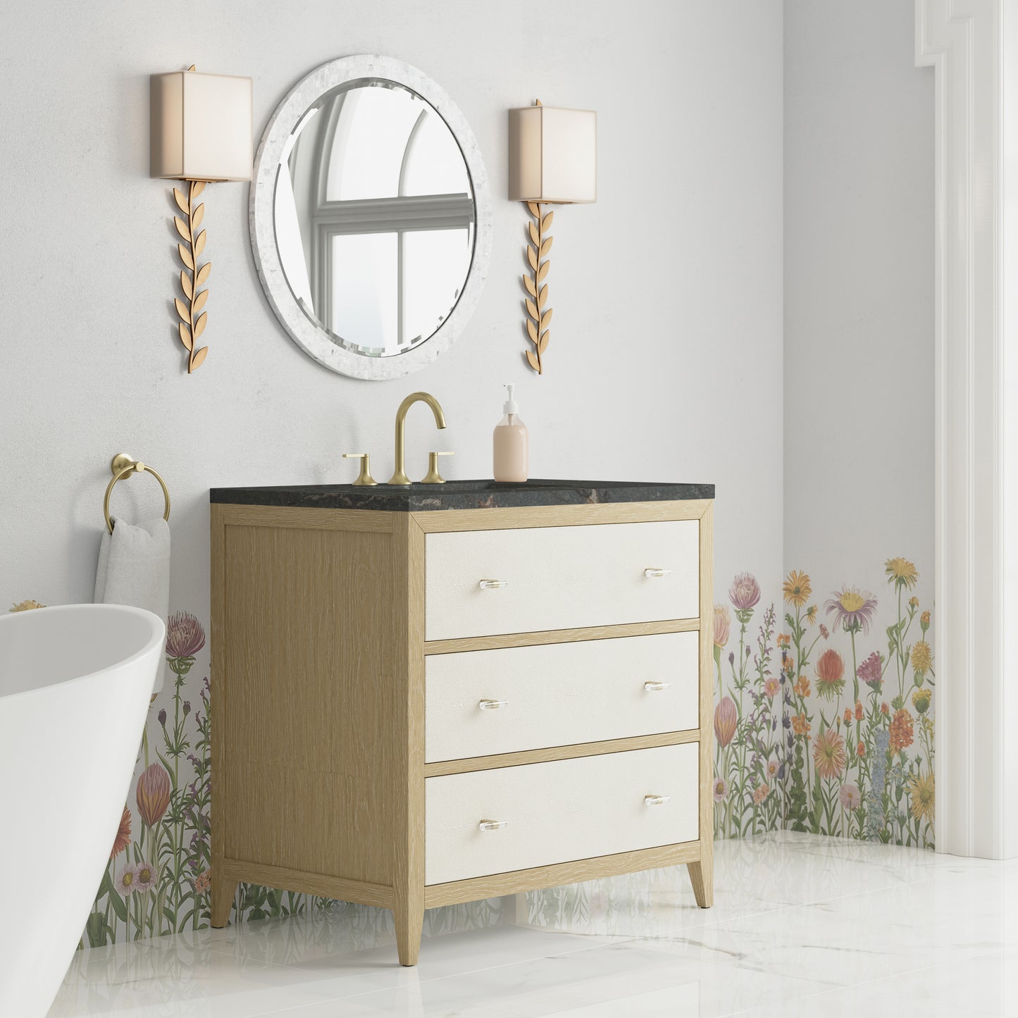 Renovate for Less Atlanta Celeste 36" Single Vanity, Sunwashed Oak with Embossed Shagreen w/ 3 CM Parisien Bleu Silestone Top