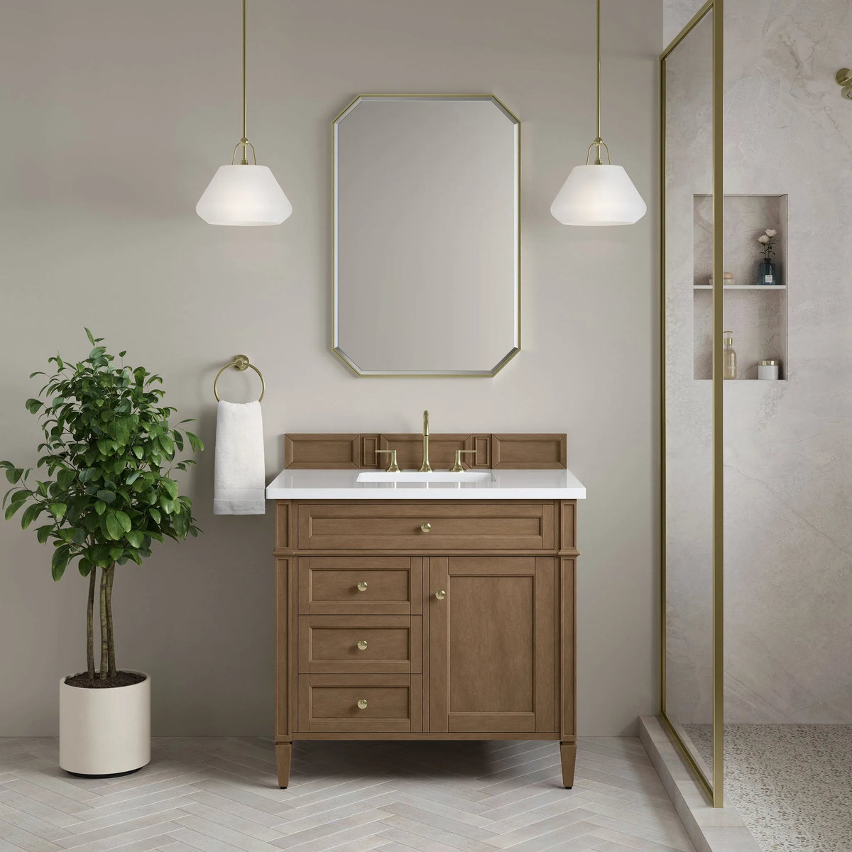 Brittany 36" Single Vanity, Pecan w/ 3 CM White Zeus Silestone Top