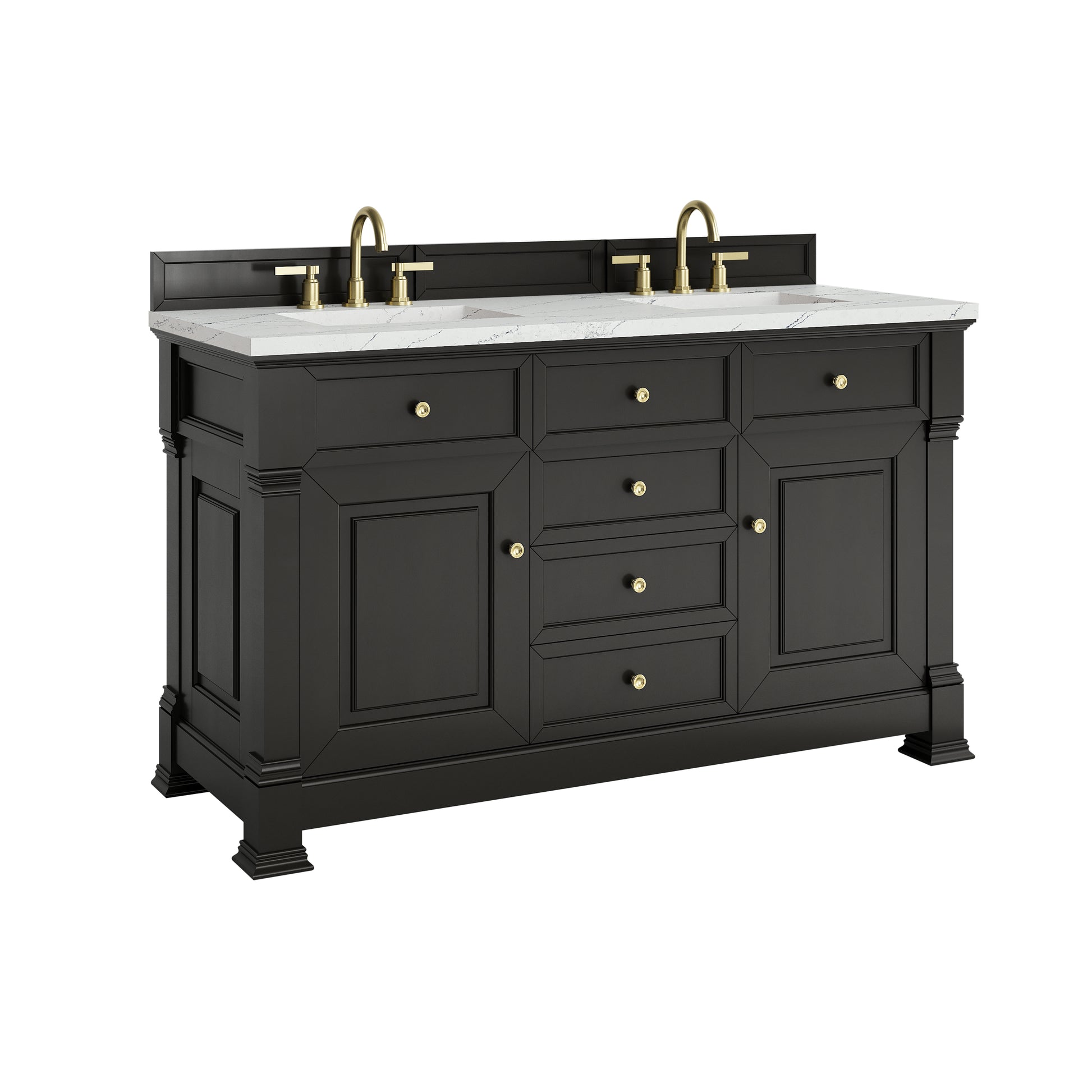 Renovate for Less Atlanta Brookfield 60" Double Vanity, Black Onyx w/ 3 CM Ethereal Noctis Silestone Top w/FreePower Wireless Charger