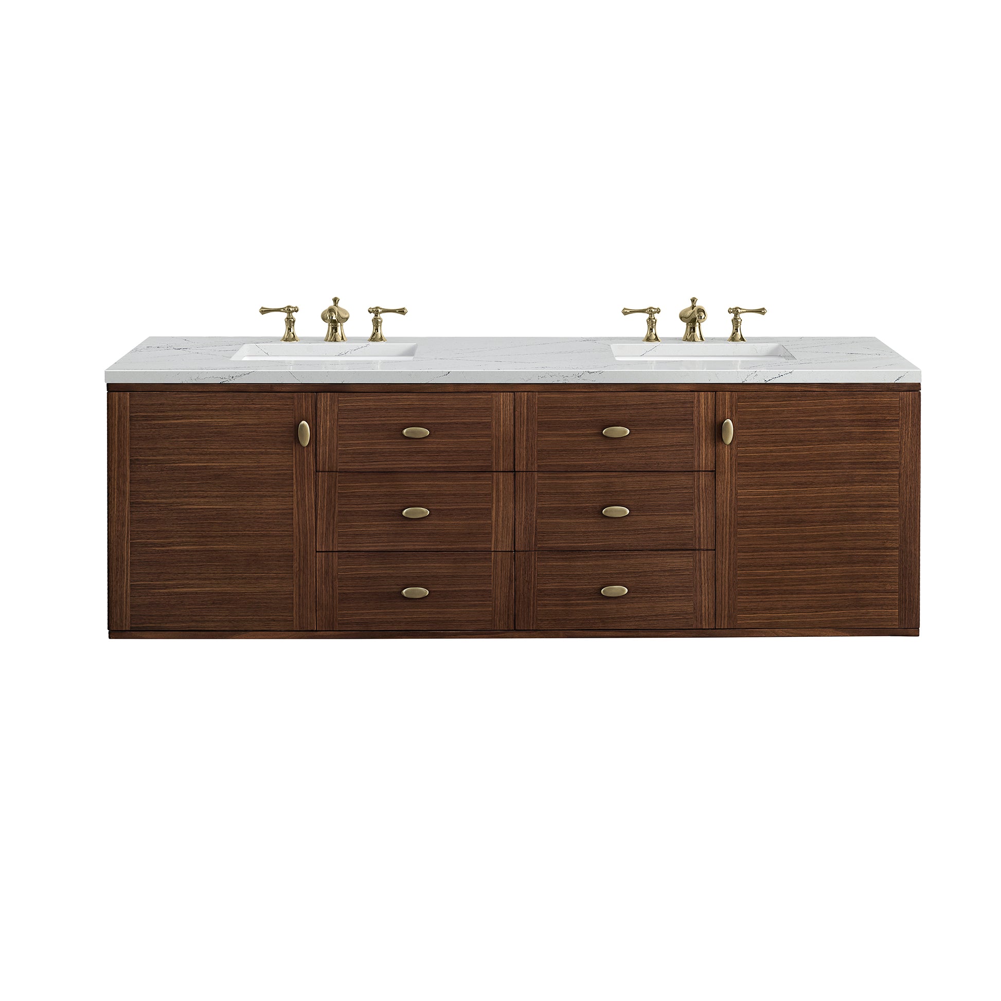 Renovate for Less Atlanta Amberly 72" Double Vanity, Mid-Century Walnut w/ 3 CM Ethereal Noctis Top w/FreePower Wireless Charger