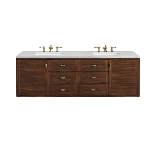Renovate for Less Atlanta Amberly 72" Double Vanity, Mid-Century Walnut w/ 3 CM Ethereal Noctis Top w/FreePower Wireless Charger