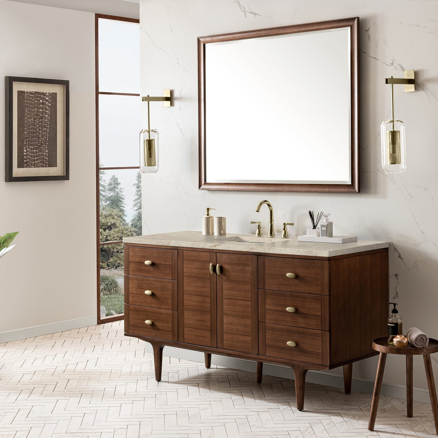 Renovate for Less Atlanta Amberly 60" Single Vanity, Mid-Century Walnut, w/ 3 CM Tajnar Eclos Top