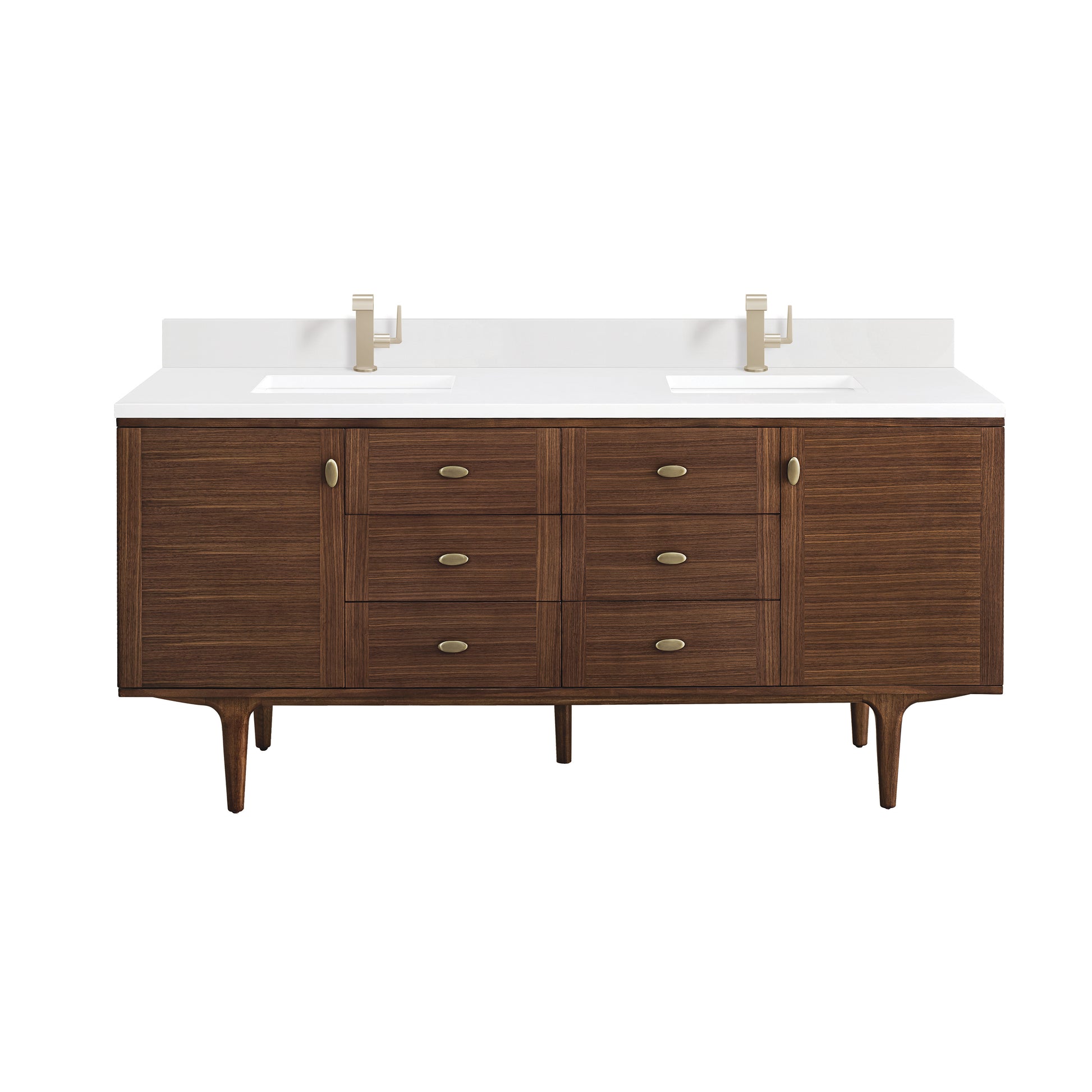 Renovate for Less Atlanta Amberly 72" Double Vanity, Mid-Century Walnut w/ Single Hole 3 CM White Zeus Top & Backsplash