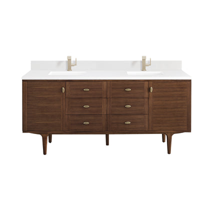 Renovate for Less Atlanta Amberly 72" Double Vanity, Mid-Century Walnut w/ Single Hole 3 CM White Zeus Top & Backsplash