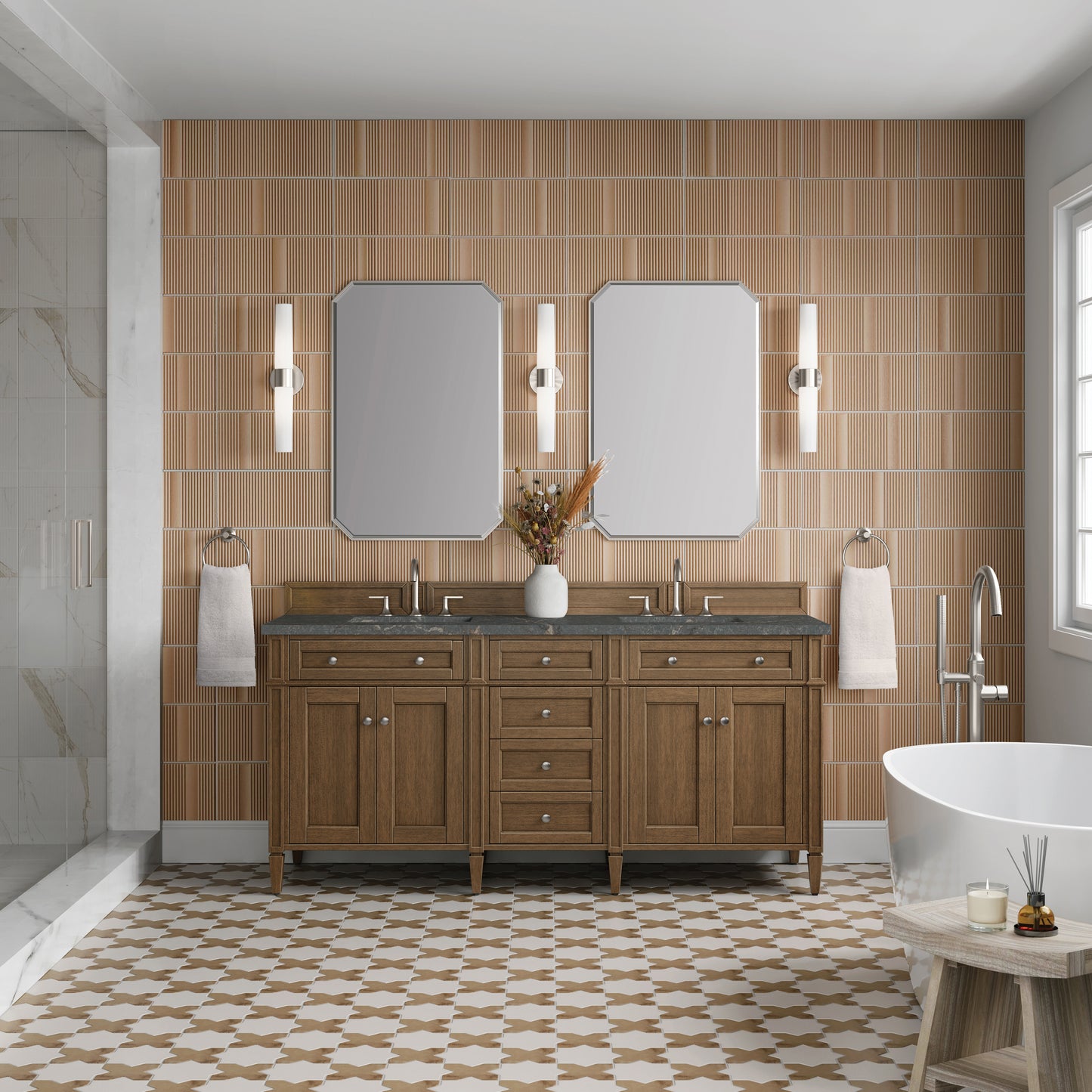 Renovate for Less Atlanta Brittany 72" Double Vanity, Saddle Brown w/ 3 CM Parisien Bleu Silestone Top