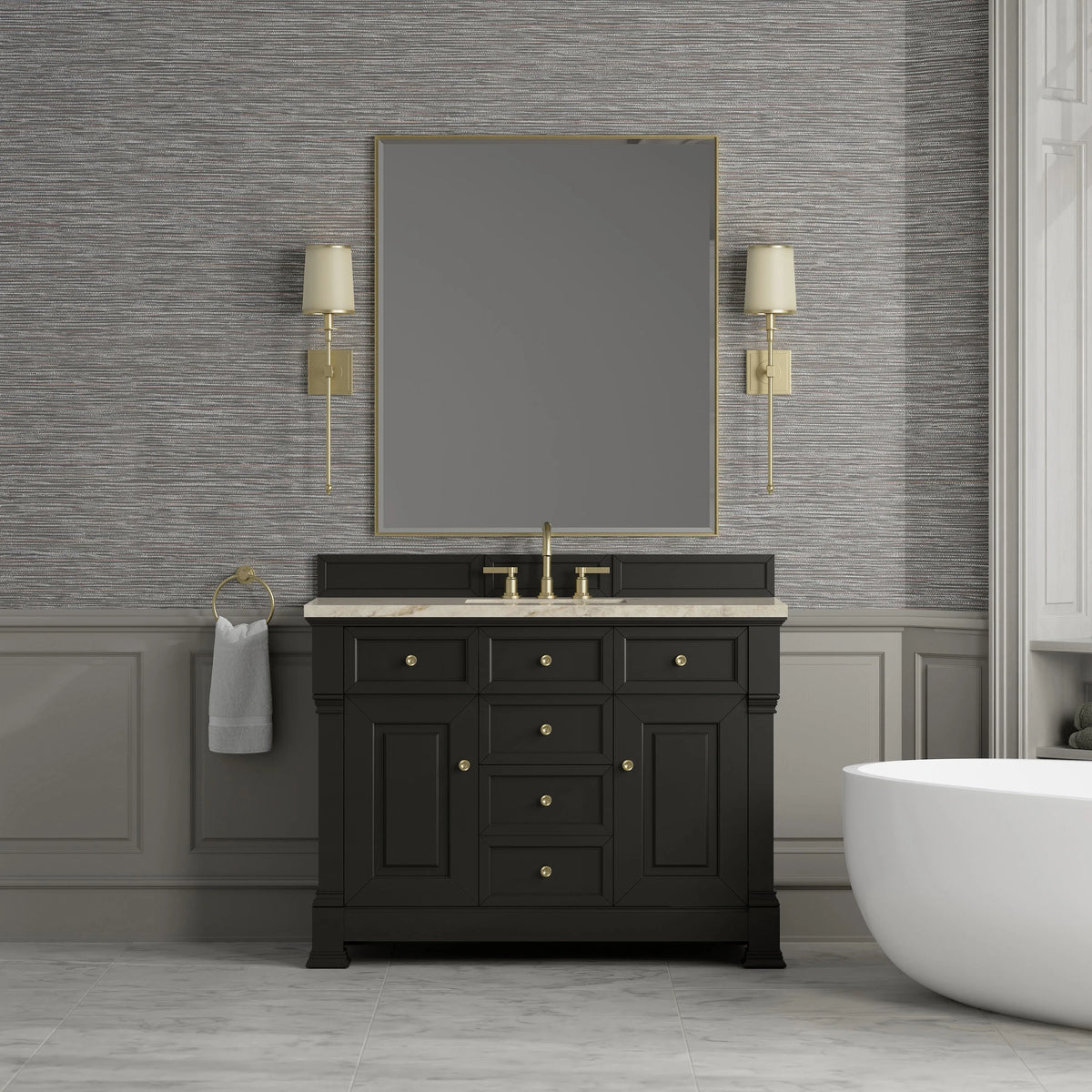 Brookfield 48" Single Vanity, Black Onyx, w/ 3 CM Tajnar Eclos Top w/FreePower Wireless Charger
