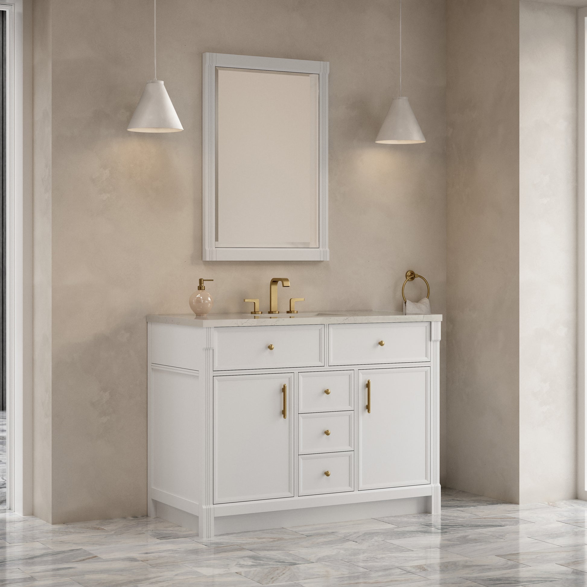 Renovate for Less Atlanta Bellshire 48" Single Vanity, Bright White w/ 3 CM Siberian Silestone Top w/FreePower Wireless Charger