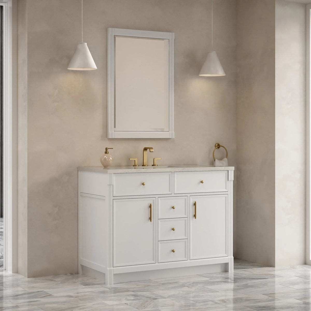 Bellshire 48" Single Vanity, Bright White w/ 3 CM Siberian Silestone Top w/FreePower Wireless Charger