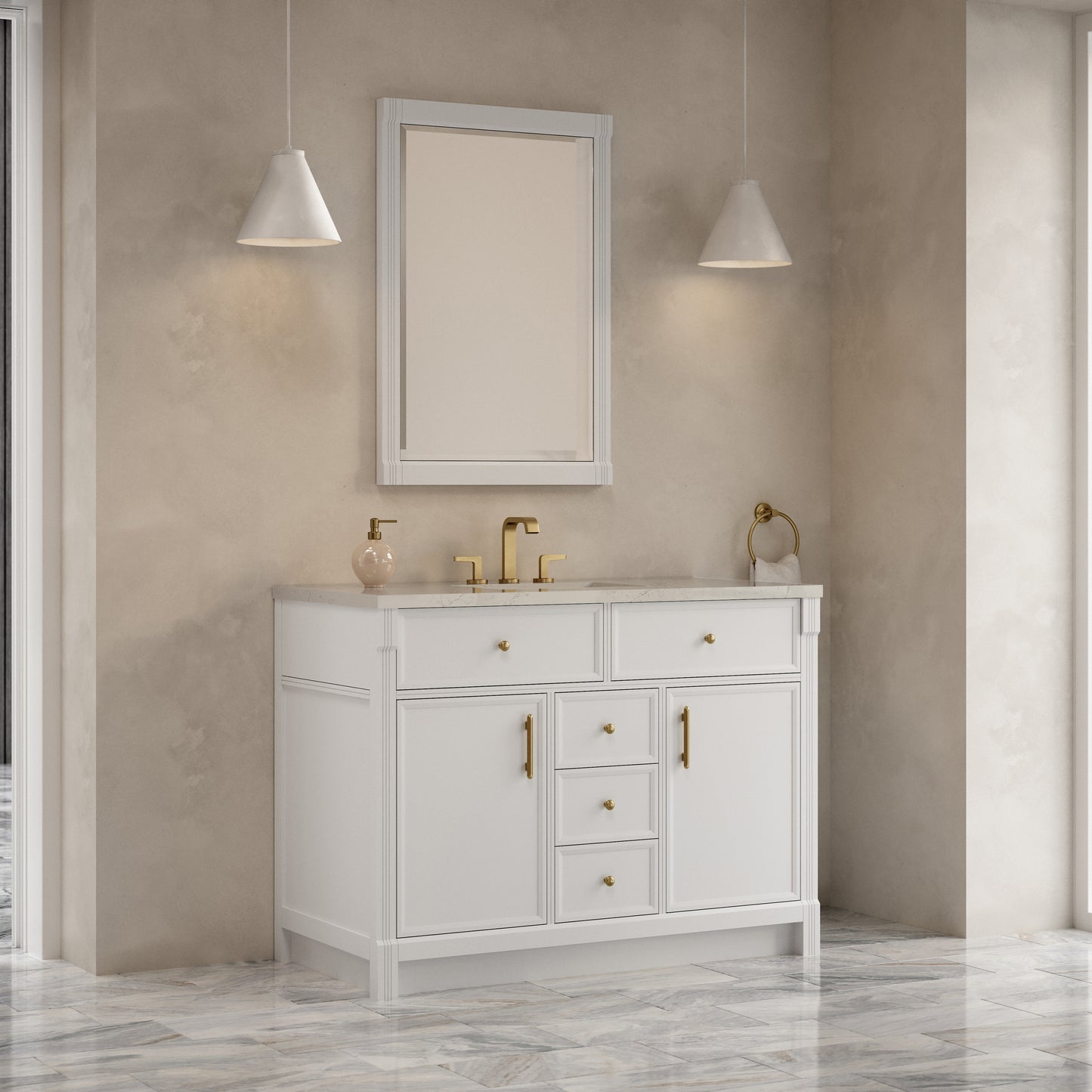 Renovate for Less Atlanta Bellshire 48" Single Vanity, Bright White w/ 3 CM Siberian Silestone Top