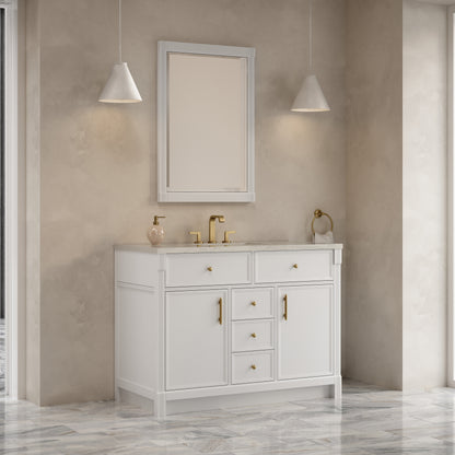 Renovate for Less Atlanta Bellshire 48" Single Vanity, Bright White w/ 3 CM Siberian Silestone Top