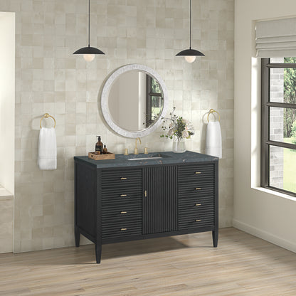 Renovate for Less Atlanta Myrrin 48" Single Vanity, Carbon Oak w/ 3 CM Parisien Bleu Silestone Top w/FreePower Wireless Charger