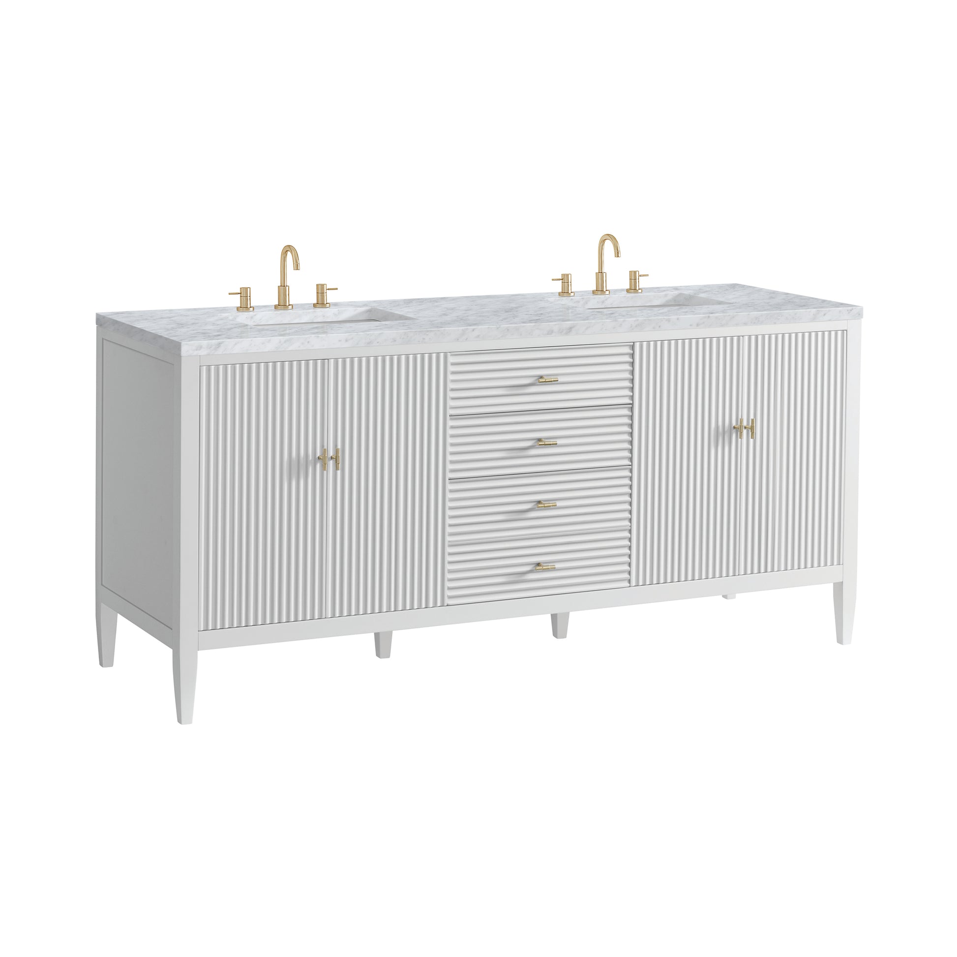 Renovate for Less Atlanta Myrrin 72" Double Vanity, Bright White w/ 3 CM Carrara White Marble Top