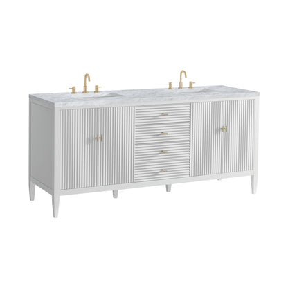 Renovate for Less Atlanta Myrrin 72" Double Vanity, Bright White w/ 3 CM Carrara White Marble Top