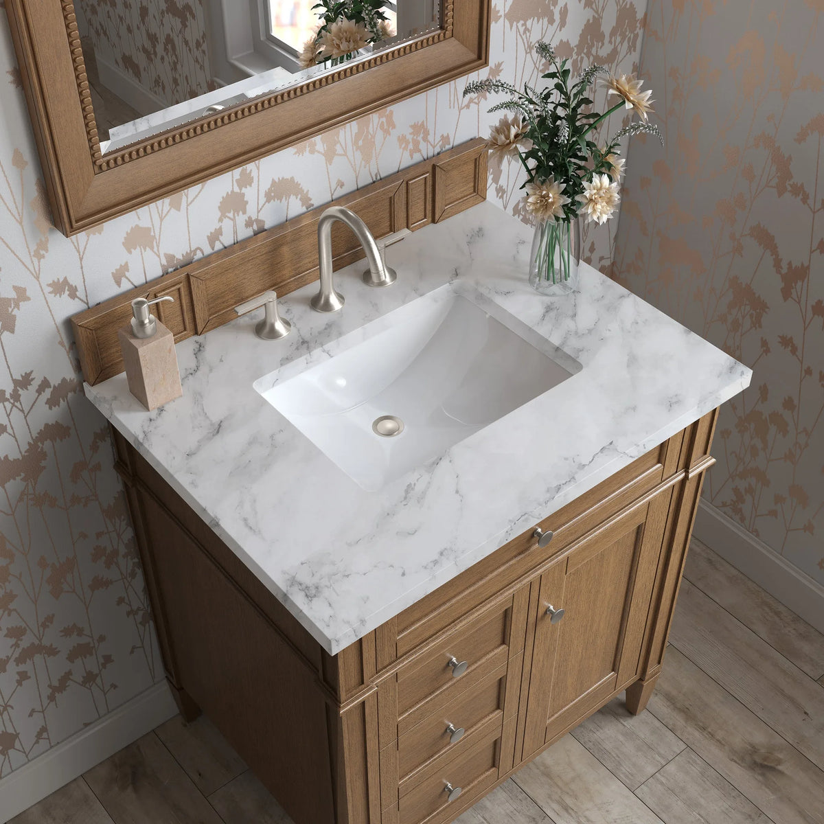 Brittany 30" Single Vanity, Saddle Brown w/ 3 CM Carrara Marble Top