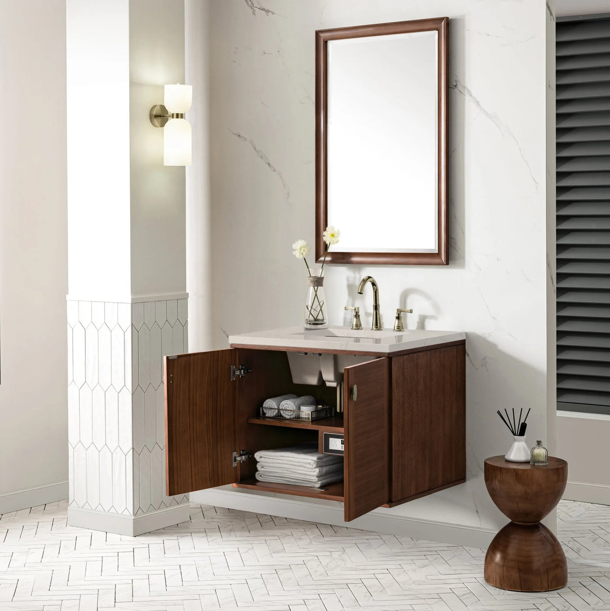 Amberly 30" Single Vanity, Mid-Century Walnut, w/ 3 CM Siberian Silestone Top