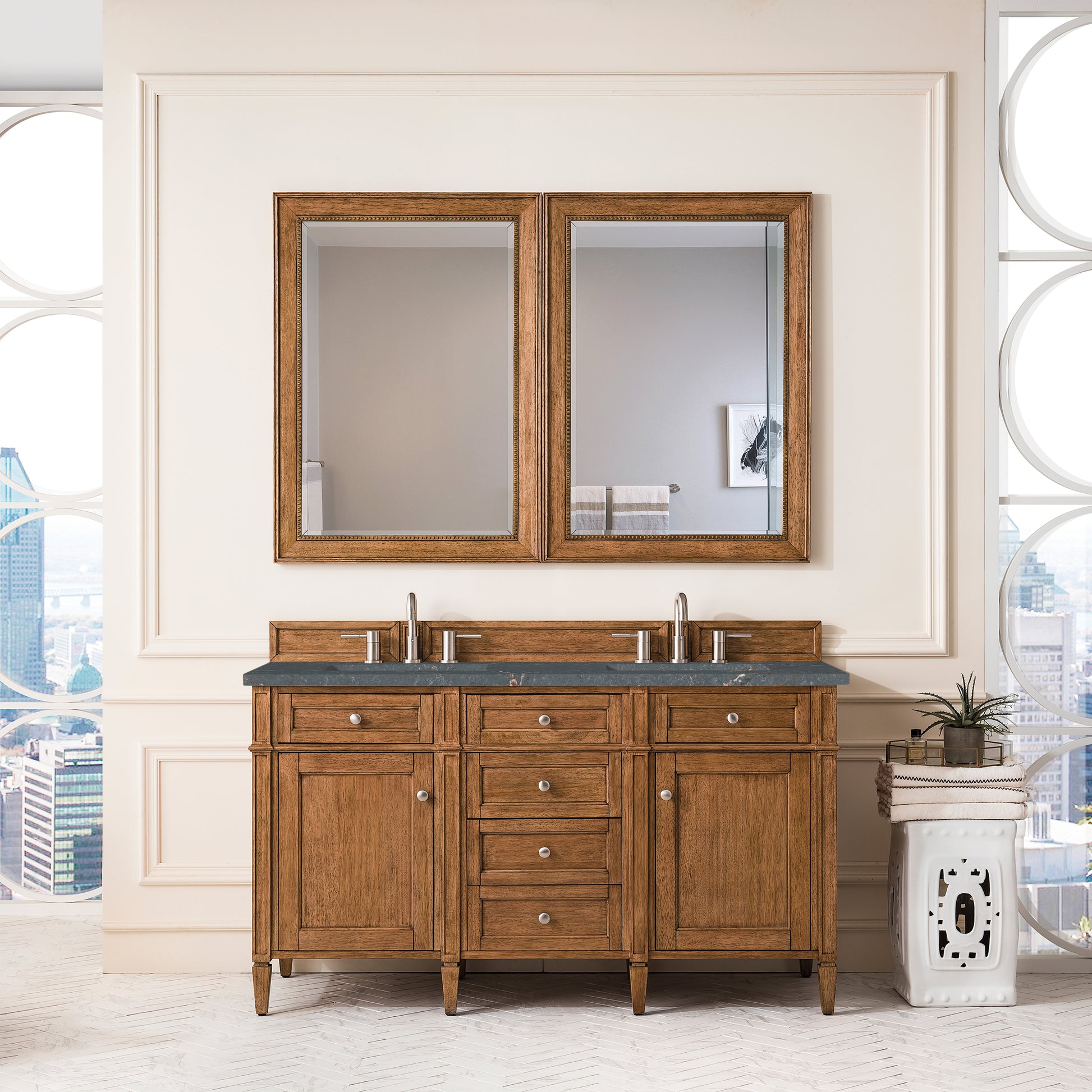 Renovate for Less Atlanta Brittany 60" Double Vanity, Saddle Brown w/ 3 CM Parisien Bleu Silestone Top w/FreePower Wireless Charger