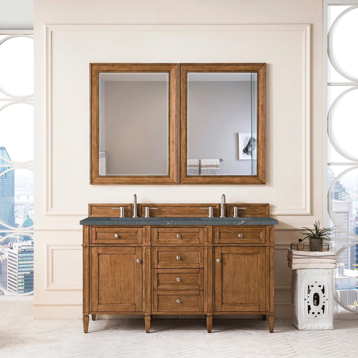 Brittany 60" Double Vanity, Saddle Brown w/ 3 CM Parisien Bleu Silestone Top w/FreePower Wireless Charger
