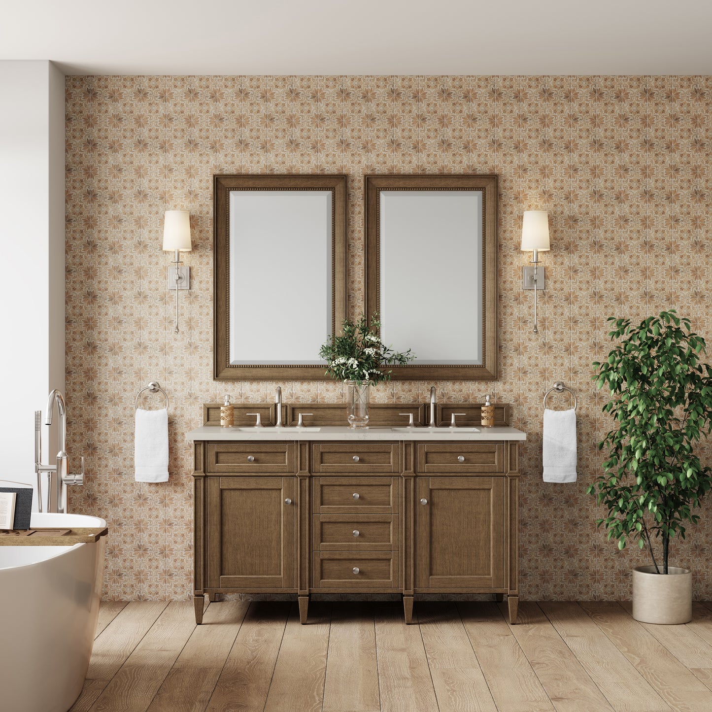 Renovate for Less Atlanta Brittany 60" Double Vanity, Saddle Brown, w/ 3 CM Siberian Silestone Top w/FreePower Wireless Charger