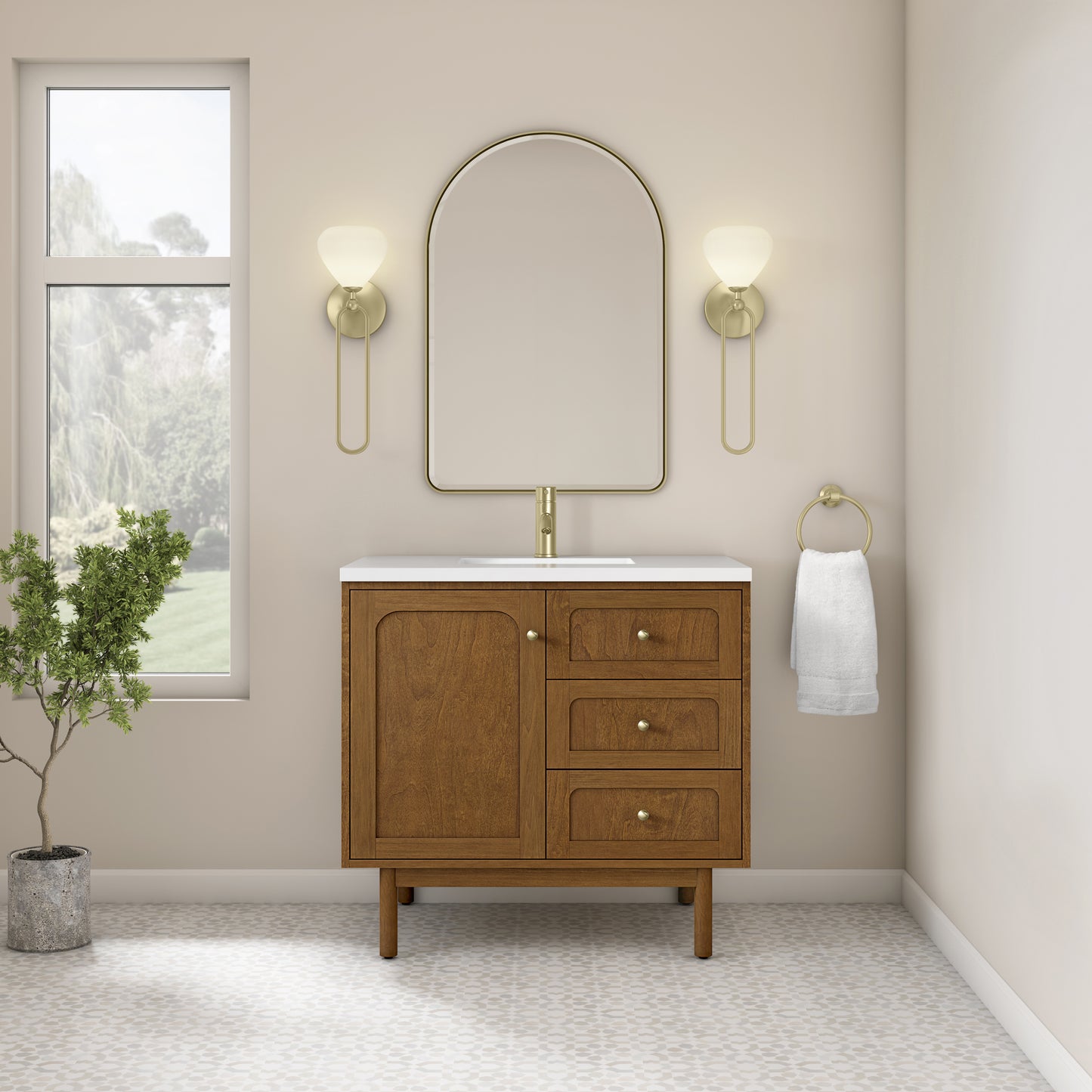 Renovate for Less Atlanta Laurent 36" Single Vanity, Honey Oak w/ Single Hole 3 CM White Zeus Silestone Top and Matching Backsplash
