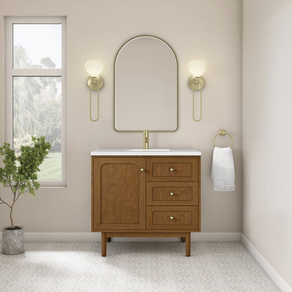 Renovate for Less Atlanta Laurent 36" Single Vanity, Honey Oak w/ Single Hole 3 CM White Zeus Silestone Top and Matching Backsplash