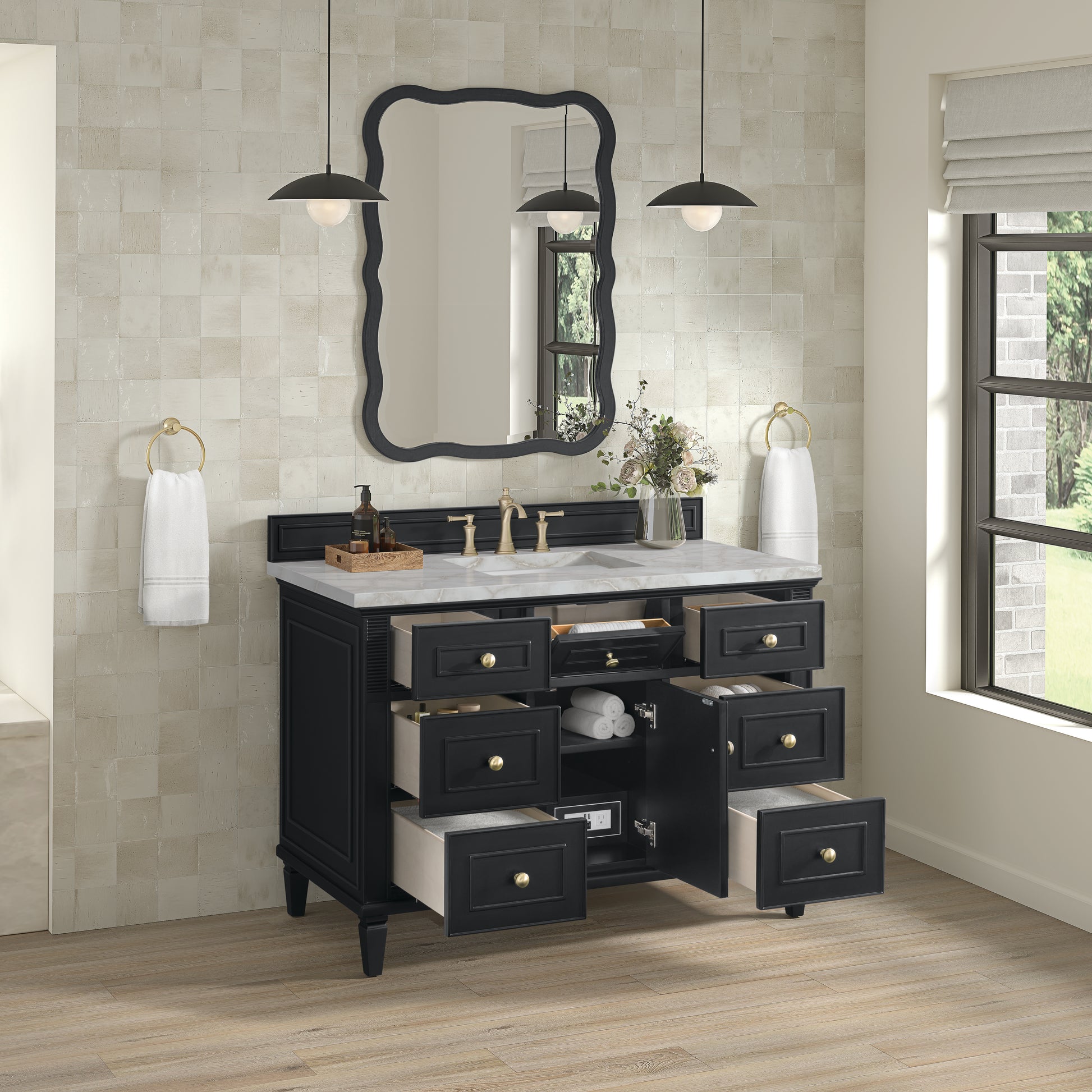 Renovate for Less Atlanta Lorelai 48" Single Vanity, Black Onyx w/ 3 CM Victorian Silver Silestone Top w/FreePower Wireless Charger
