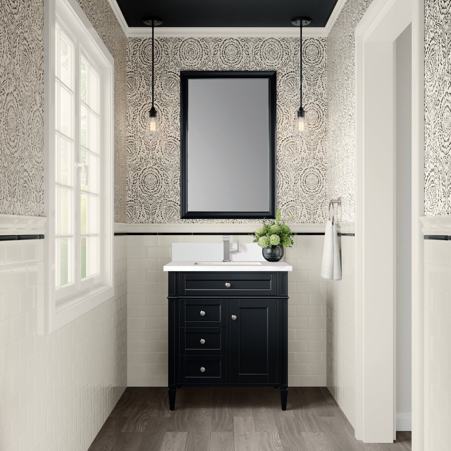 Renovate for Less Atlanta Brittany 30" Single Vanity, Black Onyx, w/ Single Hole 3 CM White Zeus Silestone Top & Backsplash