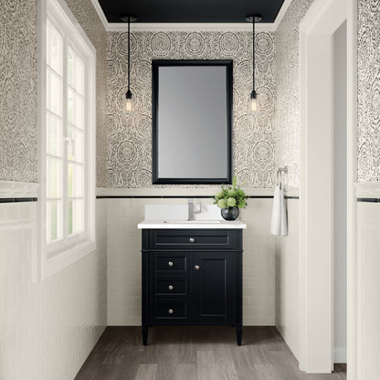 Renovate for Less Atlanta Brittany 30" Single Vanity, Black Onyx, w/ Single Hole 3 CM White Zeus Silestone Top & Backsplash