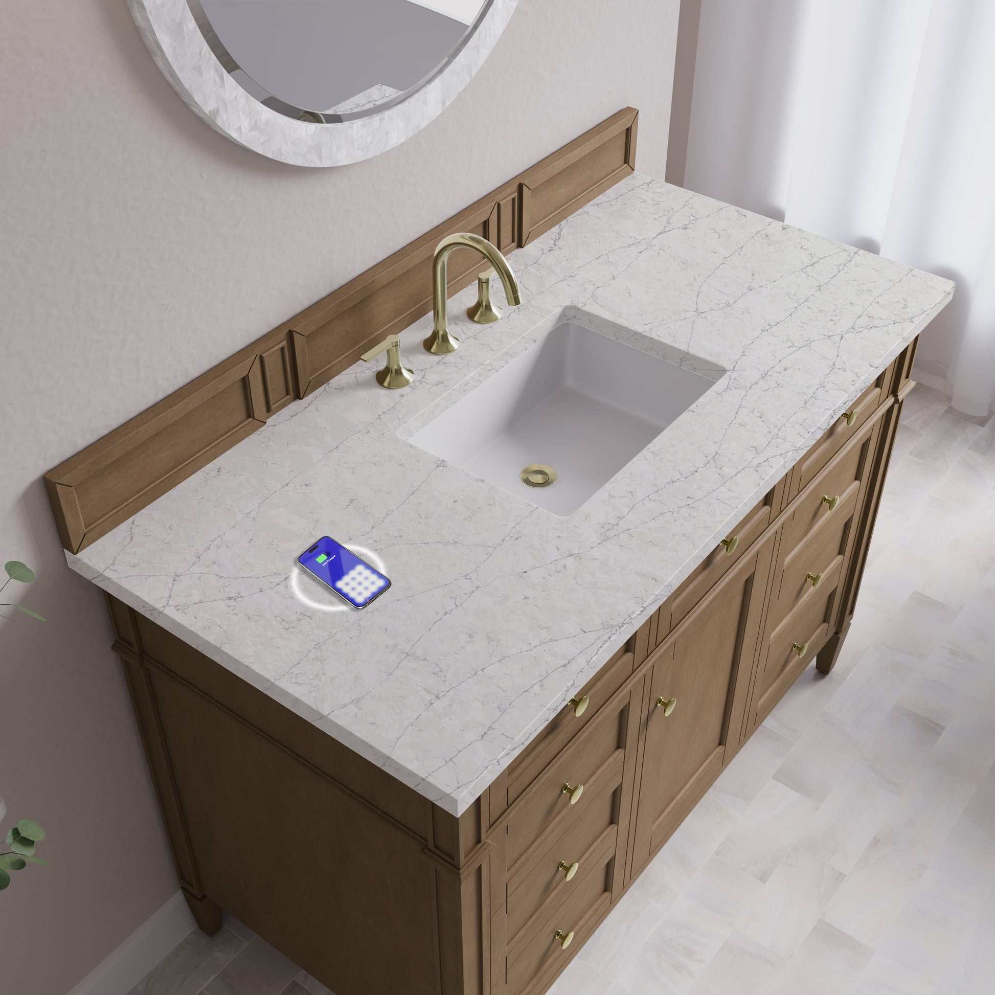 Renovate for Less Atlanta Brittany 48" Single Vanity, Pecan w/ 3 CM Eternal Jasmine Pearl Silestone Top w/FreePower Wireless Charger