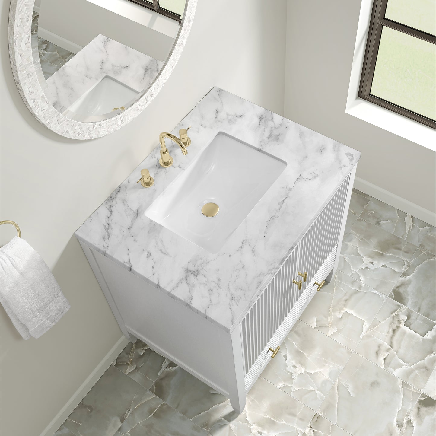 Renovate for Less Atlanta Myrrin 30" Single Vanity, Bright White w/ 3 CM Carrara Marble Top