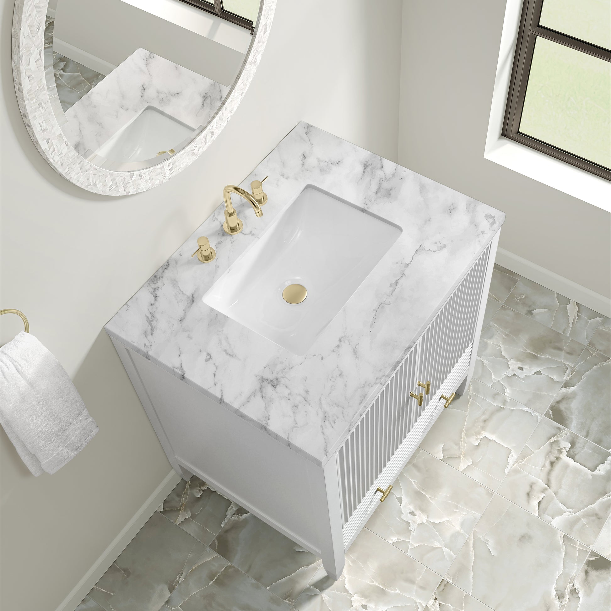 Renovate for Less Atlanta Myrrin 30" Single Vanity, Bright White w/ 3 CM Carrara Marble Top
