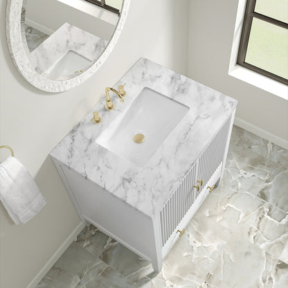 Renovate for Less Atlanta Myrrin 30" Single Vanity, Bright White w/ 3 CM Carrara Marble Top