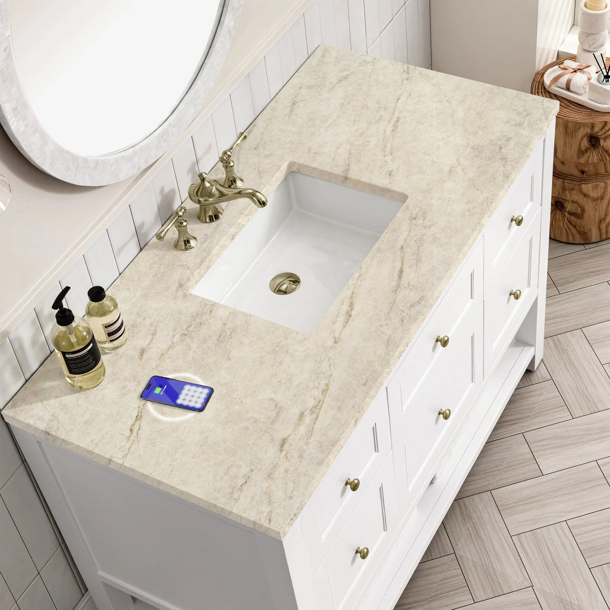 Breckenridge 48" Single Vanity, Bright White, w/ 3 CM Tajnar Eclos Top w/FreePower Wireless Charger
