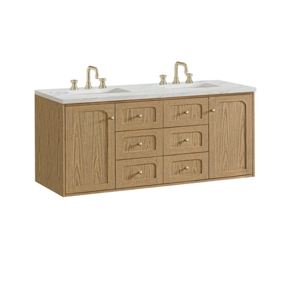 Renovate for Less Atlanta Laurent 60" Double Vanity, Light Natural Oak, w/ 3 CM Ethereal Noctis Quartz Top w/FreePower Wireless Charger